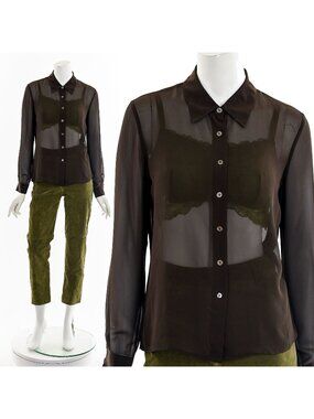 90's Sheer Brown Button Up Blouse